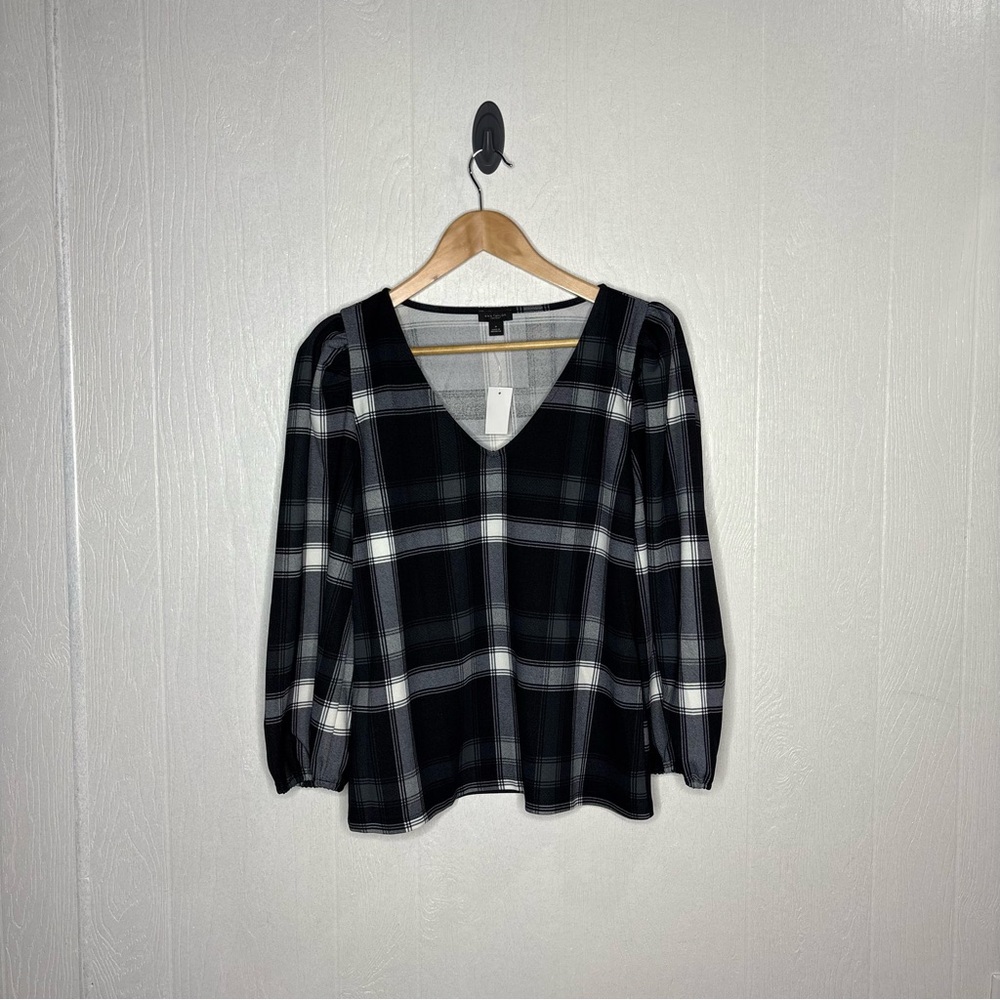NWT Ann Taylor black grey plaid v neck 3/4 puff sleeve blouse size medium